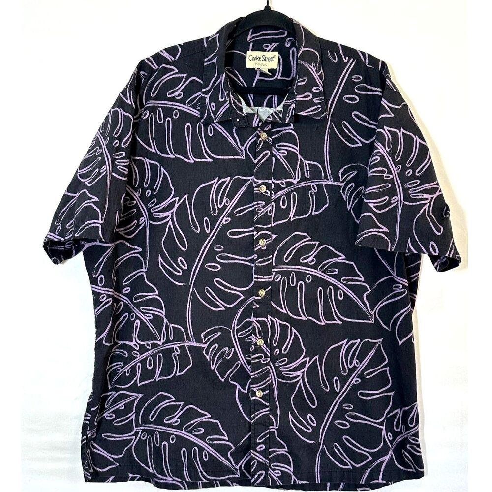 Cooke Street Men's Black Aloha Hawaiian Camp Shirt Purple Contrast Size 2X